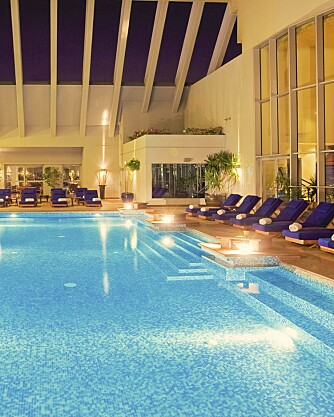 Vi skal bo på Dusit Thani, et femstjernershotell med svømmebasseng sentralt i byen.