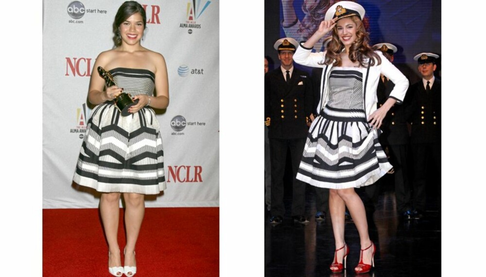 KJOLEDUELL: America Ferrera og Kelly Brook har tatt på seg den samme kjolen. Men hvem kler den best?