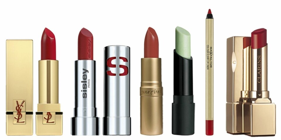 FRA VENSTRE: YSL Rouge Pur Couture (kr 280), Sisley Phyto Lip Shine (kr 265), Jane Iredale Puremoist Lip Colour (kr 245), The Body Shop Lip Scuff (kr 119), Max Factor Colour Elixir Lipliner (kr 105), Clarins Rouge Prodige (kr 220).