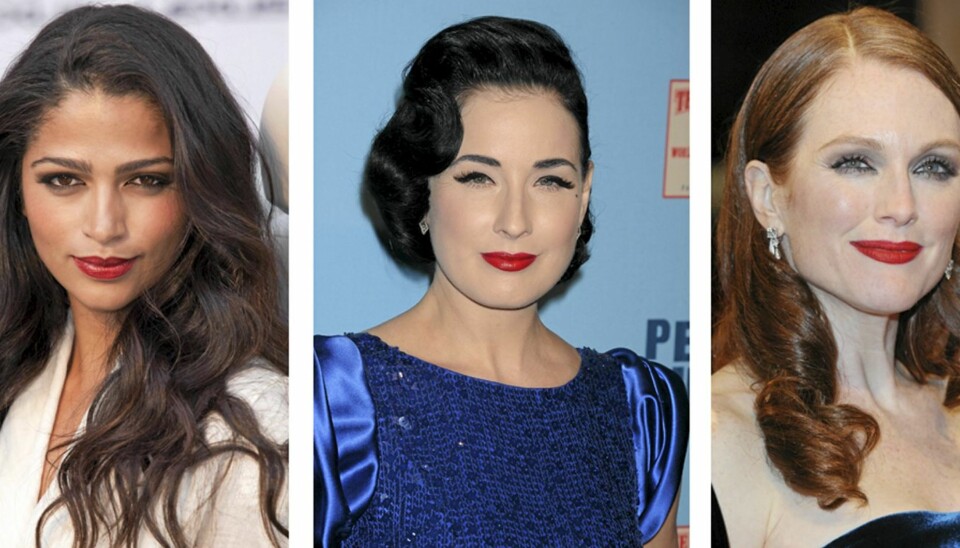 MED LEPPESTIFTEN PÅ PLASS: At kjendisene omfavner leppestiften, og særlig den røde, er ingen nyhet. Her ser vi modellen Camila Alves, Dita von Teese og Julianne Moore ikledd kledelige røde lepper.