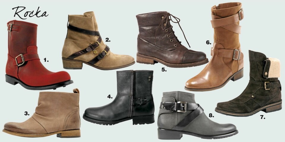 FRA VENSTRE: 1. Rød MC-støvel fra Primeboots, kr 2679,- 2. Enkel skinneleganse fra Apair, kr 2599,- 3. Rustikk fra Mango, kr 899,- 4. Røft skinn fra Mexx, kr 1399,- 5. Skinnstøvler fra Ellos, kr 1299,- 6. Jordnært fra Pieces, kr 900,- 7. Gyllent fra DNA, kr 1199,- 8. Grått skinn med rocka spenne fra Apair, kr 2799,-