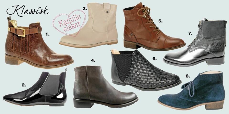 FRA VENSTRE: 1. Detaljfiksering fra Ted Baker/Asos.com, kr 1100,- 2. Speilblank lakksko fra Zara, kr 679,- 3. Beige enkelhet fra Nelly, kr 399,- 4. Enkel skinneleganse fra Apair, kr 2599,- 5. Jordfarget fra DNA, kr 1199,- 6. Flettet fra Dico, kr 1600,- 7. Kontraster fra Whyred, kr 3200,- 8. Semsket blått fra Ganni, kr 1499,-