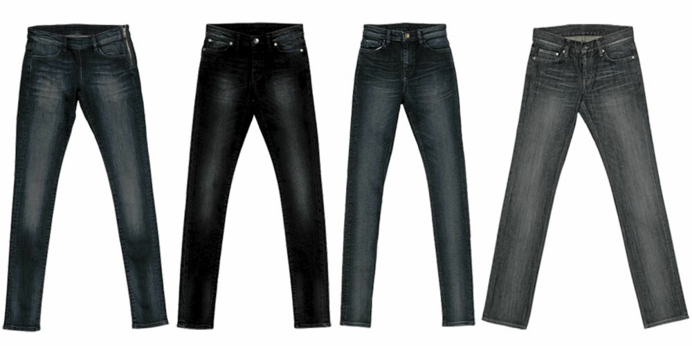 JC: JC har et bredt utvalg inne vaskede jeans i høst, og fotvidde varierer mellom norlam og skinny. Fra venstre: JC mørk bukse med glidelå på siden (kr 699), JC svart og vasket jeans (kr 499), JC mørk blå skinny jeans (kr 599), JC grå/blå jeans med normal beinvidde (kr 599).