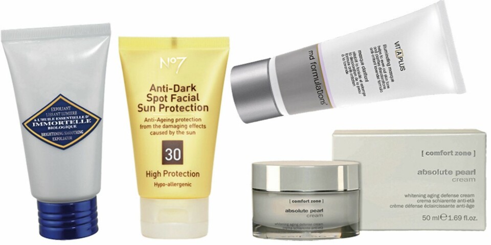 FRA VENSTRE: L`Occitane Brightening Smoothing Exfoliator (kr 269), No7 Anti-Dark Spot FAcial Sun Protection 30 (kr 159), Md Formulations Vit-A-Plus Illuminating Masque (kr 549), Comfort Zone Absolute Pearl Cream SPF 12 (kr 730).