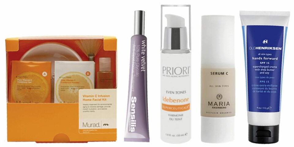 FRA VENSTRE: Murad Vitamin C Infusion Kit (kr 930), Sensilis White Velvet (kr 449), Priori Idebenone Even Tones (kr 1229), Maria Åkeberg Deepskin Organics Serum C (kr 225), Ole Henriksen Hands Forward SPF 15 (kr 410).