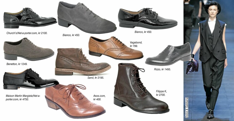 HERRESKO: Et utvalg av herreinspirerte damesko denne høsten, fra venstre: med lakkfront fra Maison Martin Margiela/Net-a-porter.com, kr 4750, beige fra Benetteon, kr 1249, skinnende sorte og klassiske fra Church's/ Net-a-porter.com, kr 2100, grå semsket fra Bianco, kr 450, i svart lakk fra Bianco, kr 450, sorte klassikere fra Rizzo, kr 1495, brune fra Vagabond, kr 799, med høyere skaft fra Sand, kr 2195, mørkebrune med høyt skaft fra Filippa K, kr 2700, varmbrune fra Asos.com, kr 400.
