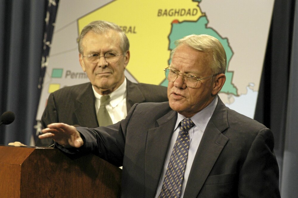 Da Garner med lang erfaring fra Irak sa til daværende forsvarsminister Rumsfeld hvor dyrt det ville bli å bygge landet opp igjen, repliserte Rumsfeld: ¿ Glem det!