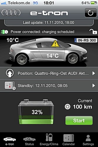E-TRON-APP: Audi satser stort på apper som kommuniserer med bilenes datasystemer, i forbindelse med sine kommende elbil-modeller. Foto: Skjermbilde Iphone