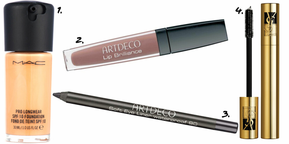 SMINKEFAVORITTER: 1. Mac Pro Longwear SPF 10 Foundation (kr 245), 2. ArtDeco Lip Brilliance (kr 109), 3. ArtDeco Soft Eyeliner Waterproof (kr 135), 4. YSL Everlong Mascara (kr 270)