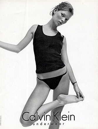 KRITISERT REKLAME: En veldig slank Kate Moss kom som en stor kontrast til de mer formulle supermodellene Cindy Crawford og Claudia Schiffer på tidlig 90-tall. Og det skapte selvsagt reaksjoner.