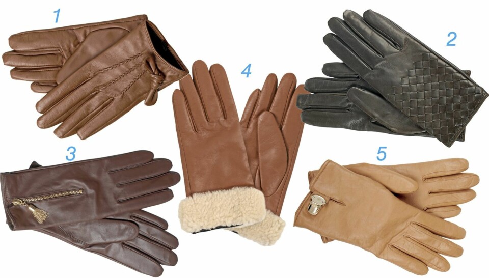 DETALJER: 1. Enkle og tidløse hansker fra Margit Brandt, kr 499. 2. Eksklusive skinnhansker med vakkert flettemønster fra italienske Bottega Veneta / Net-a-porter.com. kr 3300. 3. Hansker med duskedetaljer og glidelås i gull. MQ, kr 399. 4. Deilige hanske med myk pelskant fra Accessorize, kr 5. Luksushansker i mykt skinn fra Mulberry / Net-a-porter.com, kr 1600 (fås også i mørkt skinn).