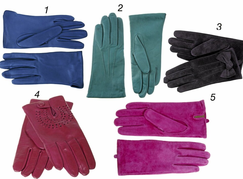 FARGEFIN: 1. Knallfine og knallblå skinnhansker fra Orphea Carin Wester, kr 1195. 2. Turkise skinnhansker fra Asos.com, kr 365 . 3. Sofistikerte hansker i dyp lilla med sløyfe, Accessorize, kr 289. 4. Rødt er sesongens farge og med disse tilfører du et friskt pust til en grå eller sort jakke. Rizzo, kr 600. 5. Med disse flotte fuksiahanskene får du garantert oppmerksomhet. Asos.com, kr 199.
