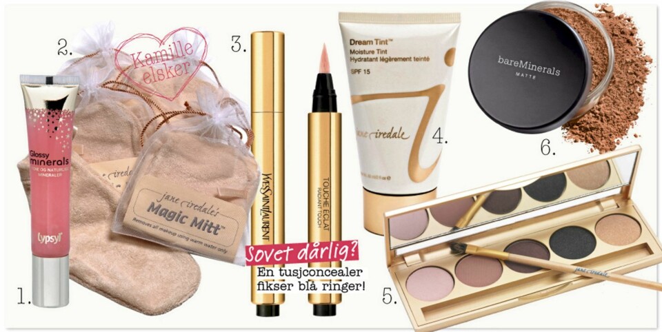 ANSIKTSPRODUKTER: 1) Lypsyl Glossy Minerals, kr 30. 2) Jane Iredale Magic Mitt er en vaskeklut som fjerner sminke uten renseprodukt. Perfekt til å ta bort gjenstridig maskara og øyesminke, kr 198. 3) YSL Touche Éclat tusjconcealer tryller bort mørke ringer, kr 300. 4) Dream tint fra Jane Iredale er fuktighetskrem med litt farge, finfint for å få litt glød nå på høsten. Kr 465 . 5) Alt på ett brett får du med dette øyeskyggesettet fra Jane Iredale, kr 550 .6) Bare Minerals har også kommet med matt foundation, perfekt for fet og kombinert hud. Kr 479.