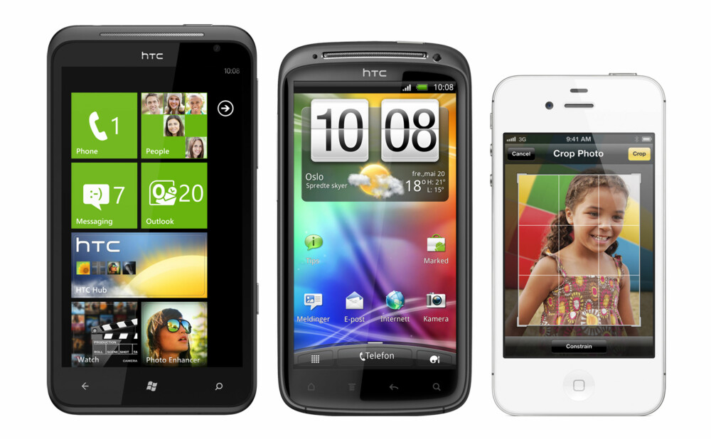 Skjermen på 4,7 tommer gjør nødvendigvis HTC Titan litt større enn mobiler flest. Her sammen med HTC Sensation (4,3 tommer) og iPhone 4S (3,5 tommer).