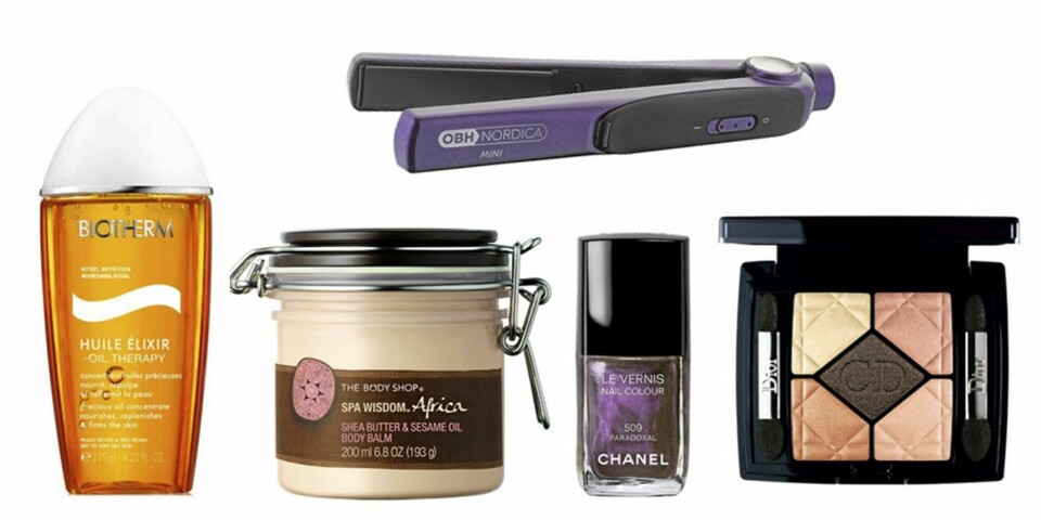 FRA VENSTRE: Biotherm kroppssolje (kr 295), The Body Shop African Spa Body Balm (kr 219), Chanel Le Vernis i 509 Paradoxal (kr 210), Dior 5 Coleurs i Endless Shine (kr 500) og OBH Nordica Mini Styler (kr 249/Elkjøp).
