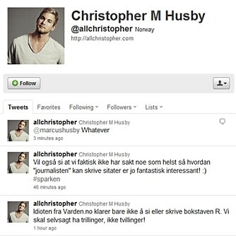 Christoffer Mørch Husby går i rette med lokalavisa Varden på Twitter.