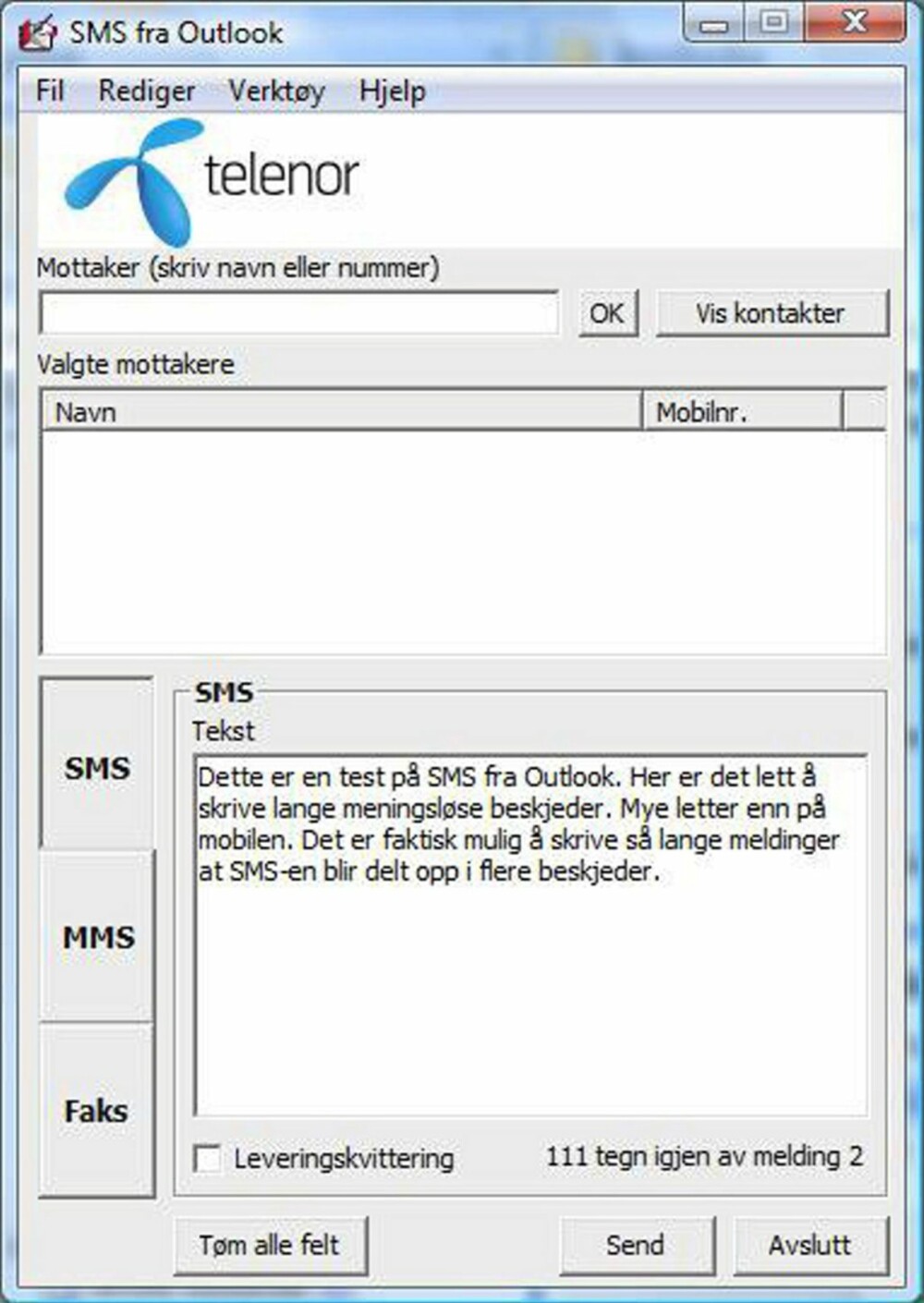 SKRIV MELDING: Når du har gjennomført alle trinnene i installasjonen, kan du begynne å sende meldinger. Du kan velge å hente inn kontakter fra Outlook (Trykk på Vis kontakter) eller du kan skrive inn et nummer direkte i programmet.