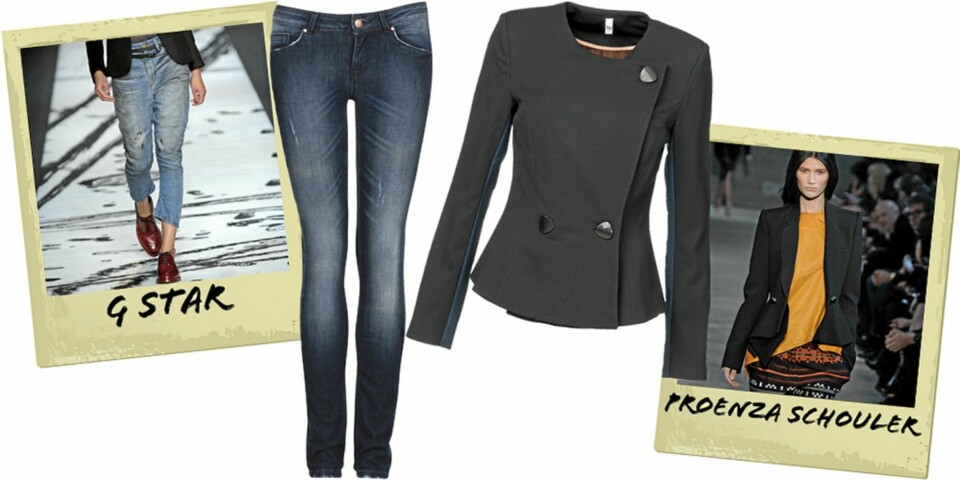 PERFEKT ANTREKK: Jeans fra Never Denim/Bik Bok (kr 499), blazer fra Vero Moda (kr 700).