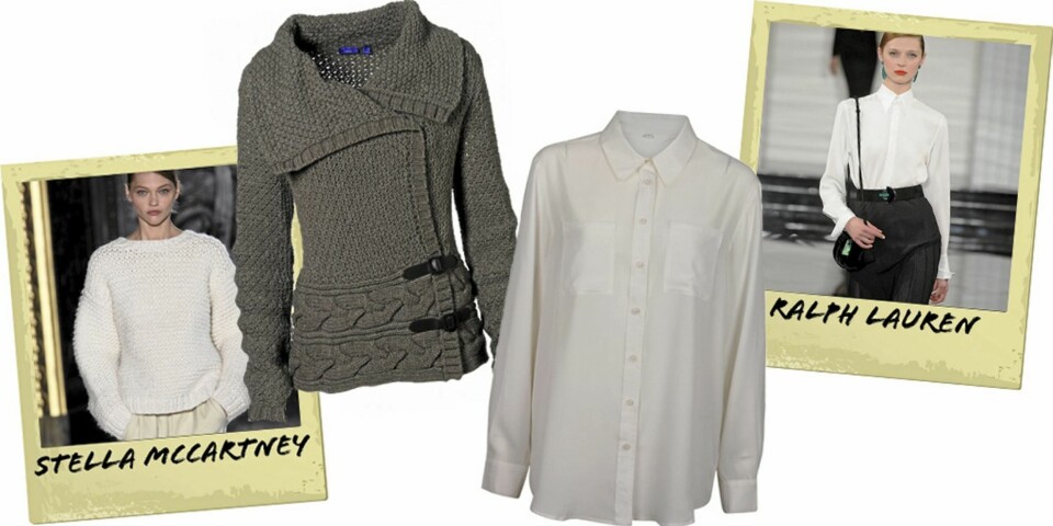 VARM OG TRENDY: Strikkegenser fra Mexx (kr 799) og hvit skjorte fra Bik Bok (kr 199).