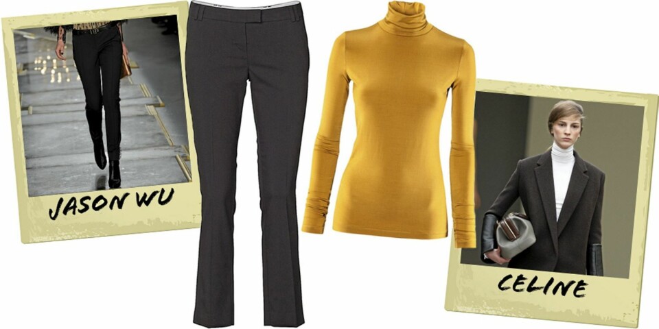 MOTERIKTIG: Smale dressbukser fra MQ (kr 599), okergul pologenser fra HM (kr 199).