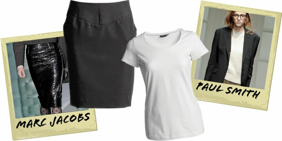 KLASSIKERE: Knelangt skjørt fra Ellos (kr 299), hvit T-skjorte fra Lindex (kr 99).