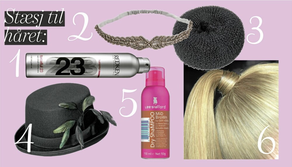 KJEKT Å HA: 1. Forceful 23 super strength finishing spray fra Redken, kr 268. 2. Hårbånd fra Pieces, kr 99. 3. Hair bun fra Glitter, kr 50.
4. Hatt fra H&M, kr 199.5. Lee Stafford dry shampoo, kr 79.