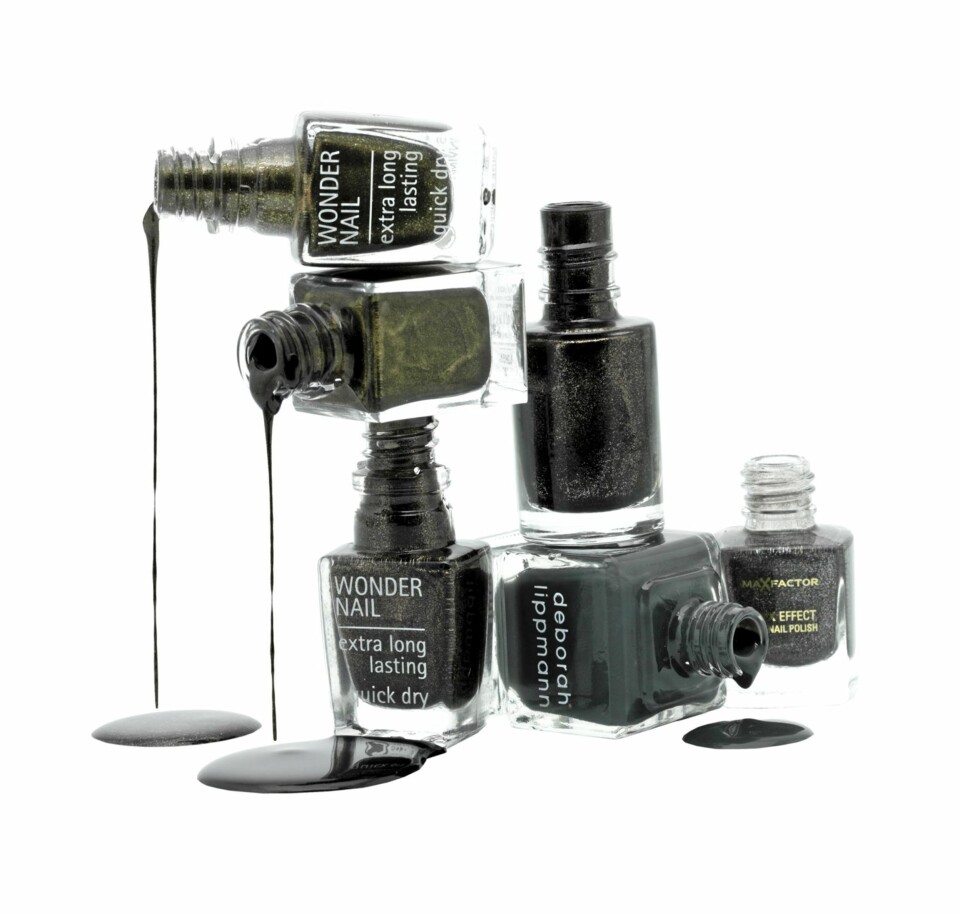 NEGLELAKKER I SØLVTONER: 1. Isadora, 718 Bronze Patina, kr 89. 2. YSL, nr. 126, kr 255. 3. Isadora 719 Forest, kr 89. 4. MNY Maybelline, nr. 447, kr 49. 5. Deborah Lippmann, Stormy Weather, kr 169. 6. Max Factor, 20 Silver, kr 69.