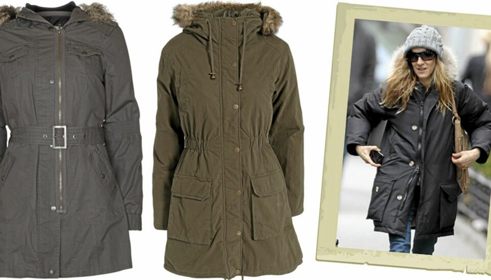 PARKASER FRA VENSTRE: Object (kr 1099), M by M/nelly.com (kr 1295), Sarah Jessica Parker holder seg varm i parkas.