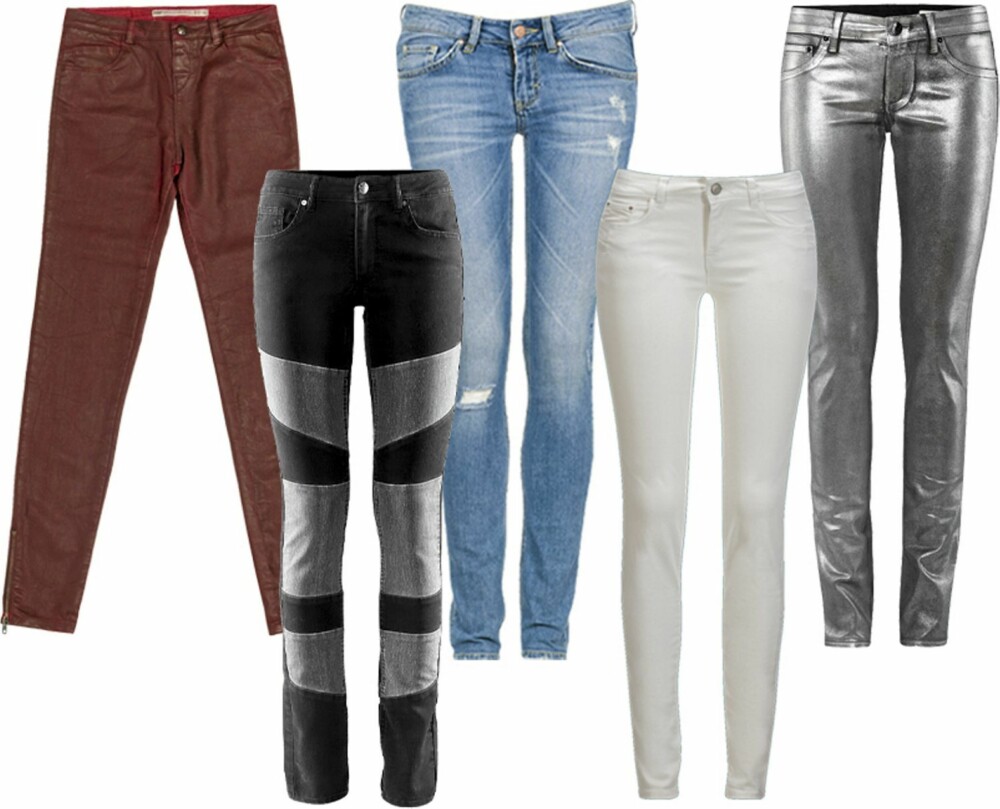 FRA VENSTRE: 1. Burgunderrød jeans fra Zara (kr 559) 2. Patchwork bukser fra H&M (kr 399) 3. Klassiske blå jeans bra Bik Bok (kr 499) 4. hvite jeans fra Gina Tricot (kr 199) 5. Metalliske jeans fra H&M (kr 399)