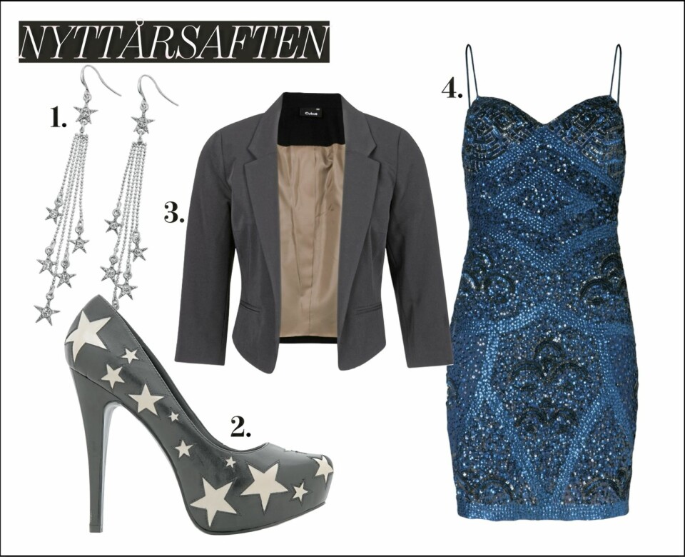 Nyttårsaften: 1. D&G-inspirerte øredobber fra Dyreberg Kern, kr 349,- 2. Kveldens stjerne har på seg sko fra Aldo,kr 999,- 3. Kort blazer fra Cubus, kr 299,- 4. Paljettkjole fra Mango, kr 1499,-