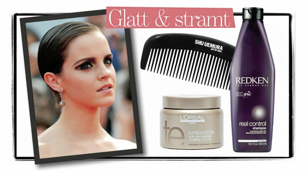 Du trenger: Shampo, Redken real control, hjelper tørt og livløst hår, kr 260,- Kam som deler inn skillen, grer igjennom floker og passer perfekt i håndveska. Fra ShuUmera, kr 129,- Hårvoks fra L`Oreal Professionnel gjør håret enkelt å forme og holder det på plass hele kvelden. Pris kr 149,- Du trenger: Shampo, Redken real control, hjelper tørt og livløst hår, kr 260,- Kam som deler inn skillen, grer igjennom floker og passer perfekt i håndveska. Fra ShuUmera, kr 129,- Hårvoks fra L`Oreal Professionnel gjør håret enkelt å forme og holder det på plass hele kvelden. Pris kr 149,-