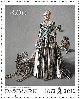 LØVE-LAND: På frimerket står dronningen sammen med hele tre løver, de symboliserer Danmark, Færøyene og grønland.