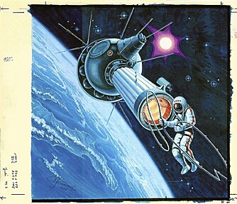 Den historiske romvandringen ble malt av Leonov senere. I virkeligheten var han i livsfare da han måtte slippe luft ut av romdrakten for å komme seg inn igjen.