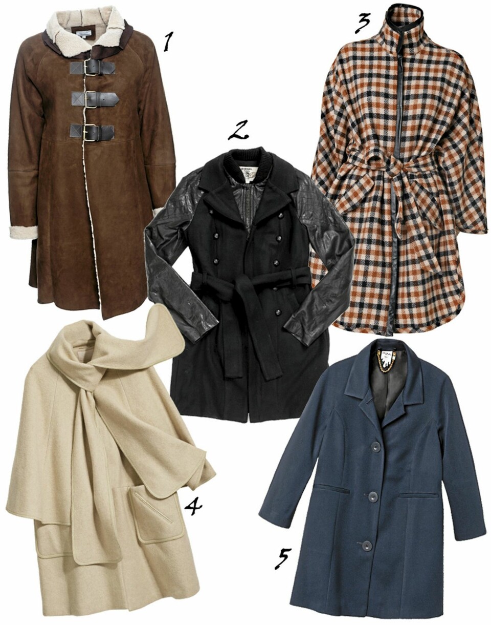 KÅPER OG JAKKER: 1. Ekte og luksuriøst saueskinn fra Hunky Dory, kr 14 000.2. Svart med skinnermer fra Diesel, kr 3699. 3. Ruter fra By Malene Birger, kr 3999. 4. Offwhite fra H&M, kr 999. 5. Blå fra Monki, kr 800.