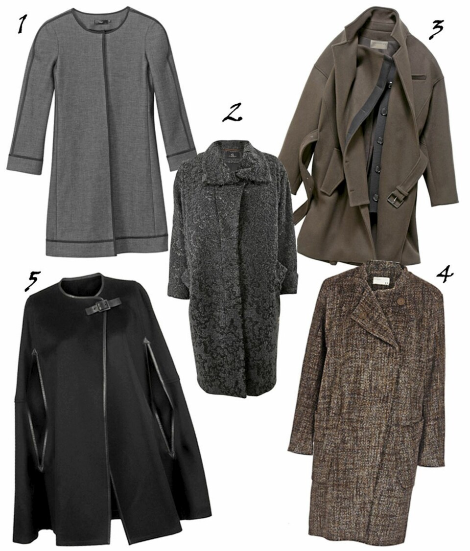 JAKKER OG KÅPER: 1. Grått og enkelt fra Filippa K, kr 2800. 2. Mørk grå ullbrokade fra Bruuns Bazar, kr 2599. 3. Vanessa Bruno for La Redoute, kr 1999. 4. Svart capevariant fra Day Birger et Mikkelsen, kr 3099. 5. Herreinspirert fra Rützou, kr 3199.