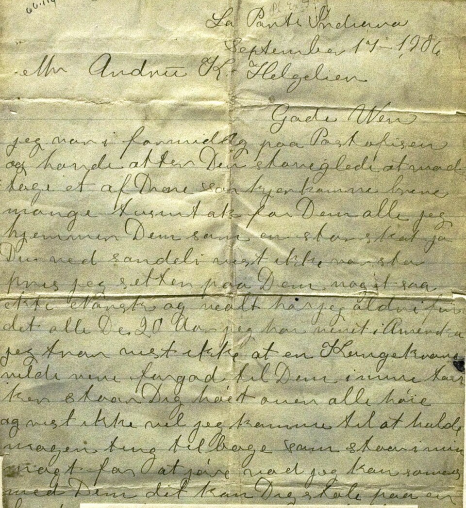 Dette brevet skrev Belle til Asle Helgelien fire dager før husbrannen. I disse brevene prøver hun å overbevise ham om at hun ikke visste hva som hadde skjedd med Anders. Hun skriver her at hennes 11 år gamle datter tok Anders til togstasjonen den morgenen han dro.