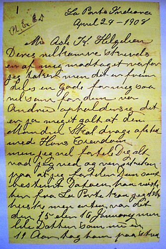 Dette er en av brevkonvoluttene fra Belle Gunness som Asle Helgelien fant i huset til broren Anders. Når han leste gjennom de nærmere 80 kjærlighetsbrevene til sin bror, fikk han mistanke om at noe fryktelig hadde skjedd med broren.