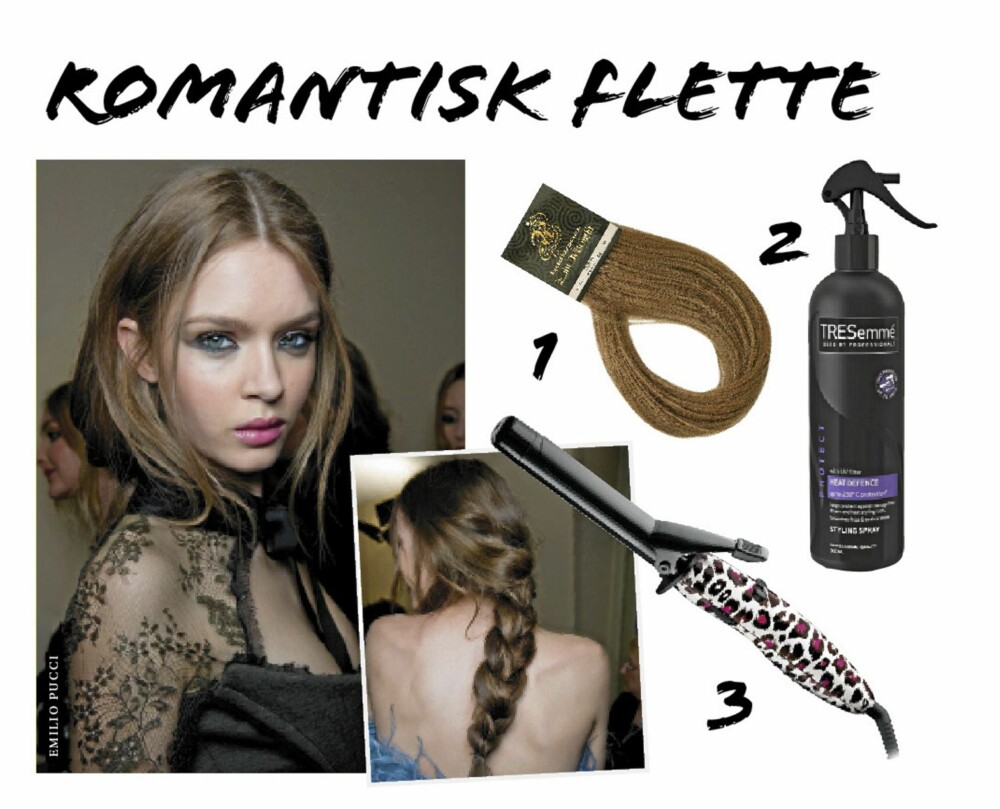 FLETTE: 1. Rapunzel hair extensions, kr 990. 2. Tresemme Heat defence spray, kr 90. 3. Remington Tribal curler, kr 349. Foto: Fashionactive og produsentene.