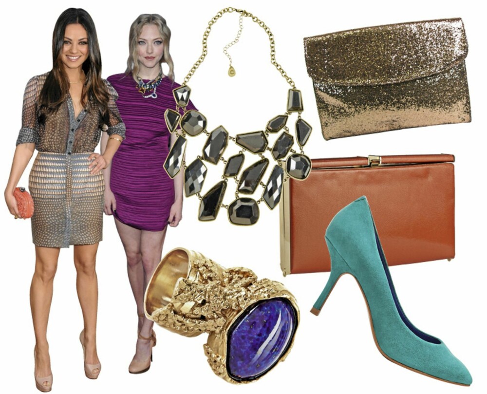 TILBEHØR SOM SYNES: Skuespillerne Mila Kunis og Amanda Seyfried velger går for fargerikt tilbehør. Statementring fra YSL/Net-a-porter.com (kr 1300), stort kjede fra Cubus (kr 199), oransje clutch fra Accessorize (kr 325), turkise pumps fra Zara (kr 679), gullveske fra Friis og Company (kr 459). TILBEHØR SOM SYNES: Skuespillerne Mila Kunis og Amanda Seyfried velger går for fargerikt tilbehør. Statementring fra YSL/Net-a-porter.com (kr 1300), stort kjede fra Cubus (kr 199), oransje clutch fra Accessorize (kr 325), turkise pumps fra Zara (kr 679), gullveske fra Friis og Company (kr 459).