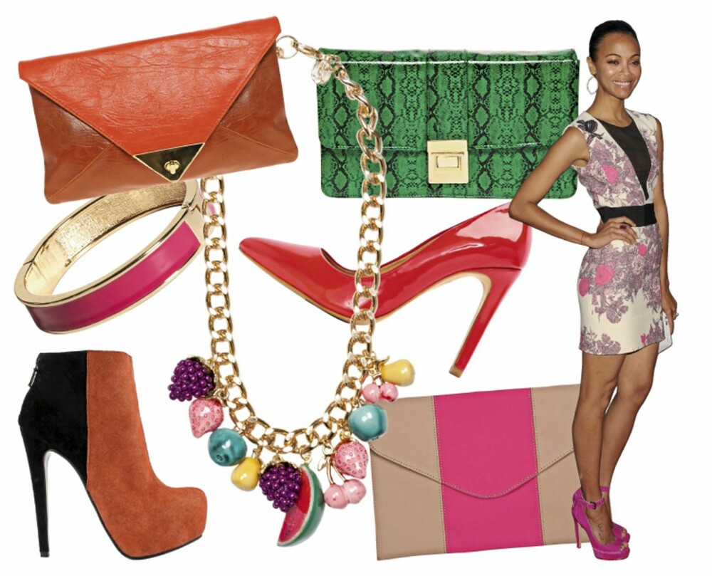 FARGERIKT TILBEHØR: Veske fra Asos.com (kr 160), rosa armbånd fra Lindex (kr 79), ankelstøvletter fra Nelly.com (kr 749), smykke fra Mango (kr 349), pumps fra Mango (kr 699), grønnveske med slangemønster fra Asos.com (kr 200), konvoluttveske fra Bik Bok (kr 149). Skuespilleren Zoe Saldana velger neonfargede sko. FARGERIKT TILBEHØR: Veske fra Asos.com (kr 160), rosa armbånd fra Lindex (kr 79), ankelstøvletter fra Nelly.com (kr 749), smykke fra Mango (kr 349), pumps fra Mango (kr 699), grønnveske med slangemønster fra Asos.com (kr 200), konvoluttveske fra Bik Bok (kr 149). Skuespilleren Zoe Saldana velger neonfargede sko.