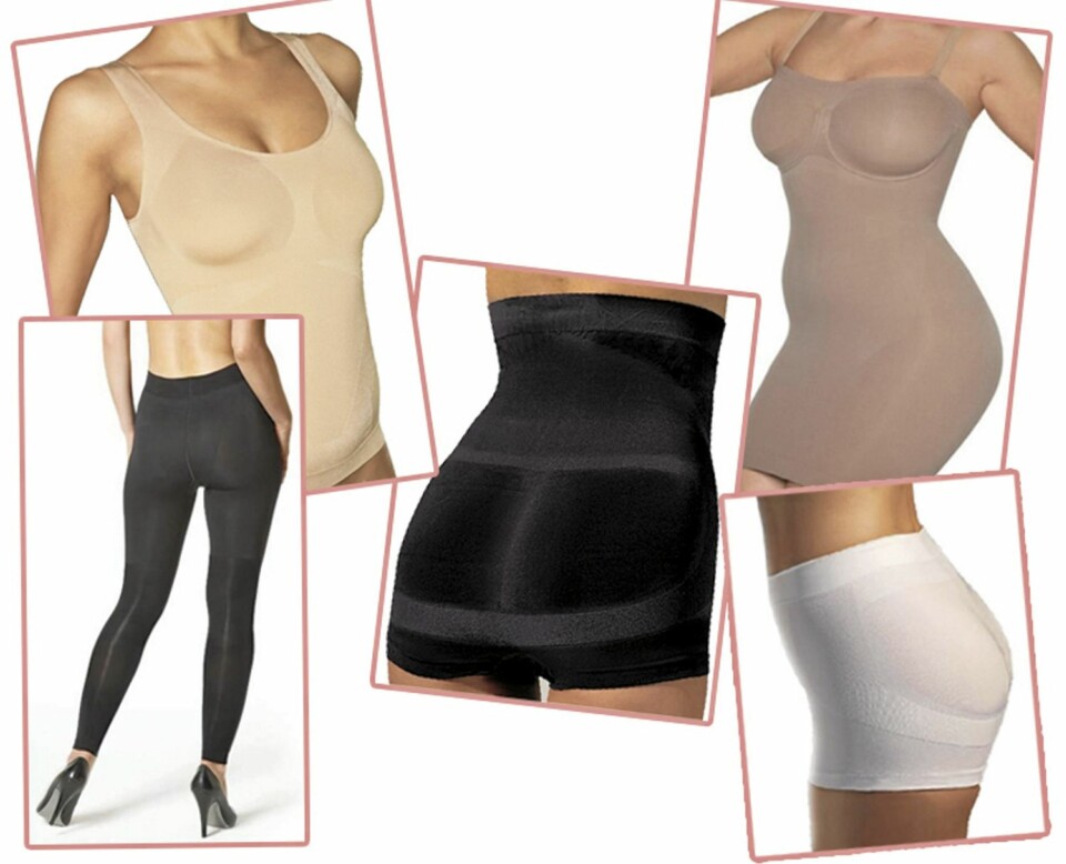 HOLD-IN UNDERTØY:Fra venstre: Hold-in og shaping-tights fra Sha ToBu, kr 399. Hold-in singlet fra Cette strammer inn rundt mage og rygg, kr 429. Hold-in shorts med høyt liv løfter rumpe og holder inn magen. Fra Trinny & Susannah by Cette, kr 459. Hold-in underkjole som strammer inn rundt midje, hofter og lår. Fra Miss Perfect, kr 599.Hold-in shorts med korte bein og lavere liv, løfter og former rumpa. Fra Trinny & Susannah by Cette, kr 249.