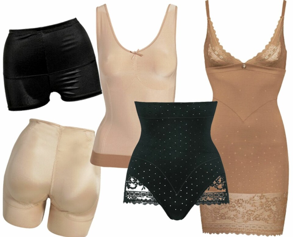 HOLD-IN UNDERTØY: Svart og enkel boksershorts for deg som bare trenger litt hold-in hjelp, fra Ellos, kr 125. Bokser med innlegg i rumpa gir deg sprettrumpe i en fei, fra Spanx hos Nelly.com, kr 995. Hold-in singlet gjør overkroppen din glattere og slankere. Fra Triumph, kr 299. Truse med høyt liv gir fin innsving i livet, kr 399 fra Triumph. Hudfarget hold-in kjole er fint under lyse stoffer, kr 549 fra Triumph.