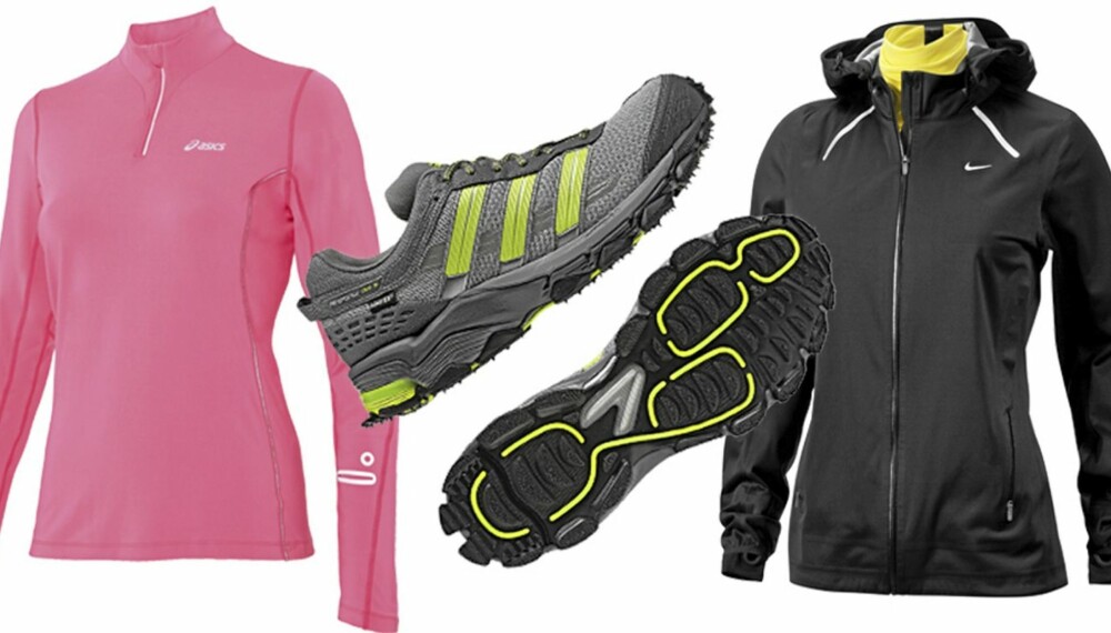 TRENDY PÅ TRENING: Løpetopp fra Asos (kr 800). Hybrid løpesko fra Adidas (kr 1099) og solid løpejakke fra Nike (kr 1700).