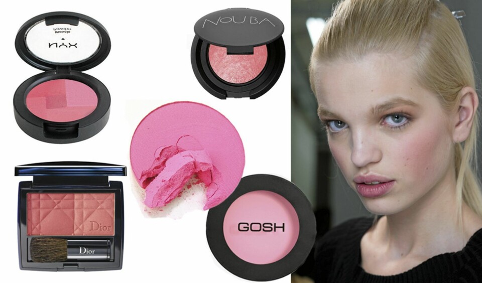 ROSEKINN: Fra venstre: NYX Mosaic powder i fargen paradise(kr 125), Nouba Blush on bubble (kr 249), Dior Diorblush i fargen 839 vintage pink (kr 360), Mac Powder blush i fargen pink swoon (kkr 195) og Gosh Natural touch cream blusher i pink rush (kr 89).