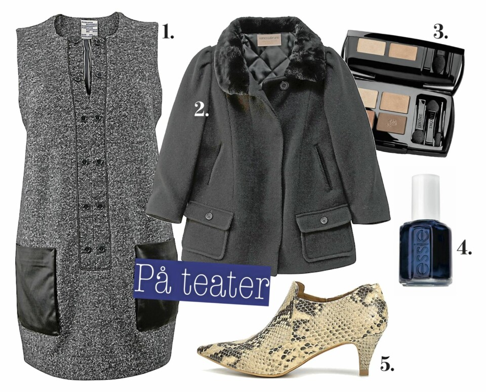 ULL: 1. Kjole fra Baum und Pferdgarten, kr 2006,- 2. Jakke fra Vanessa Bruno for La Redoute, kr 1200,- 3. Ombre Absolute Palette øyeskygger fra Lancôme, kr 430,- 4. Neglelakk fra Essie, kr 129,- 5. Ankelstøvletter fra Zara, kr 799,-
