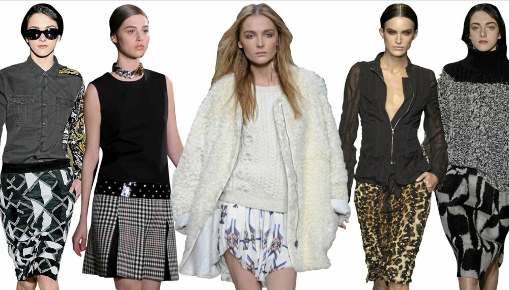 SKJØRT PÅ CATWALKEN : Fra venstre: Dries Van Noten, Yves Saint Laurent, Isabel Marant, Yves Saint Laurent og Dries Van Noten. SKJØRT PÅ CATWALKEN : Fra venstre: Dries Van Noten, Yves Saint Laurent, Isabel Marant, Yves Saint Laurent og Dries Van Noten.