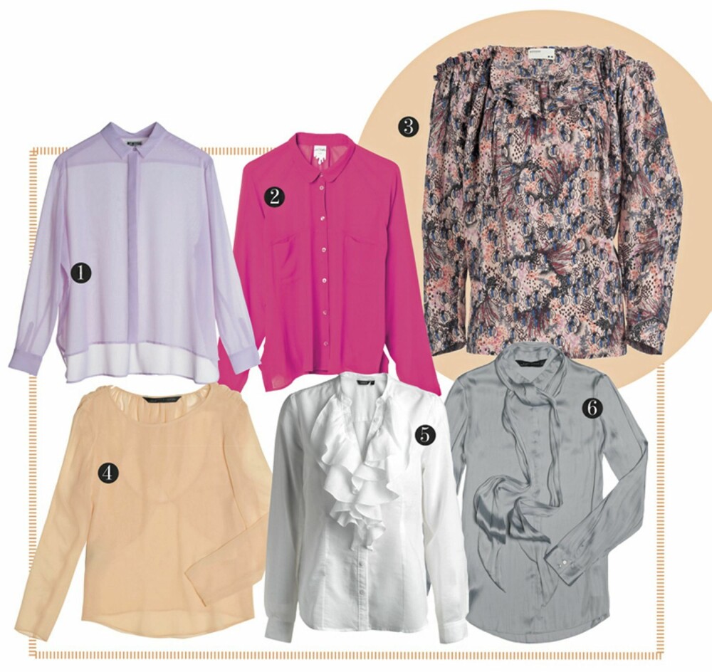 GODBITER: 1. Lilla skjorte fra Weekday, kr 320,- 2. Rosa skjorte fra Monki, kr 240,- 3. Mønstret bluse fra Rützou, kr 1299,- 4. Ferskenfarget bluse fra Zara, kr 559,- 5. Hvit skjorte fra Lindex, kr 199,- 6. Grå skjorte fra Zara, kr 559,-