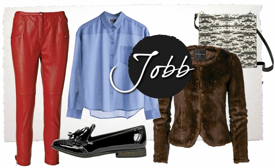 PÅ JOBB: Rød skinnbukse fra By Malene Birger, kr 4699,- Bluse fra Weekday, kr 300,- Lakksko fra Zara, kr 559,- Jakke i fuskepels fra Stockholm/MQ, kr 999,- Veske med slangeskinnsmønster fra Zara, kr 1159,-