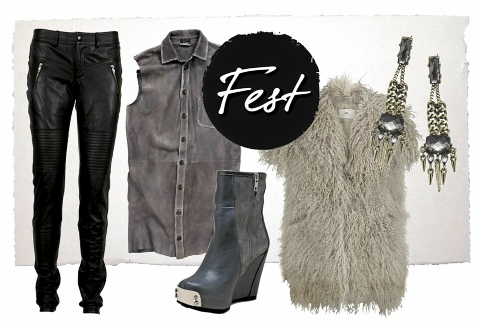 PÅ FEST: Skinnbukse fra Noa Noa, pris ved forespørsel. Skinnvest fra Diesel, kr 2799,- Støvlett fra Fifth Avenue Shoe Repair, kr 2959,- Saueskinnsvest fra Day Birger et Mikkelsen, kr 3999,- Øredobber fra Accessorize, kr 159,-