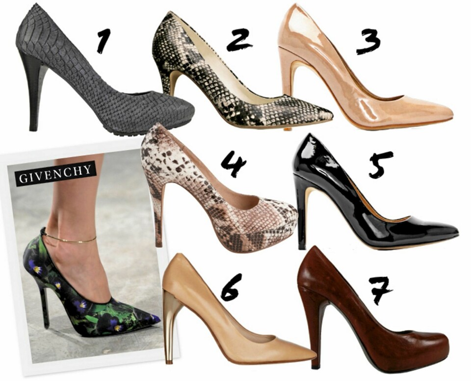 PARTYPUMPS: 1. Apair, kr 2199 2. HM, kr 299 3. Mango, kr 699 4. Bianco, kr 450 5. Mango, kr 699 6. Kors by Michael Kors/Net-a-porter.com, kr 1929 7. Apair, kr 2599